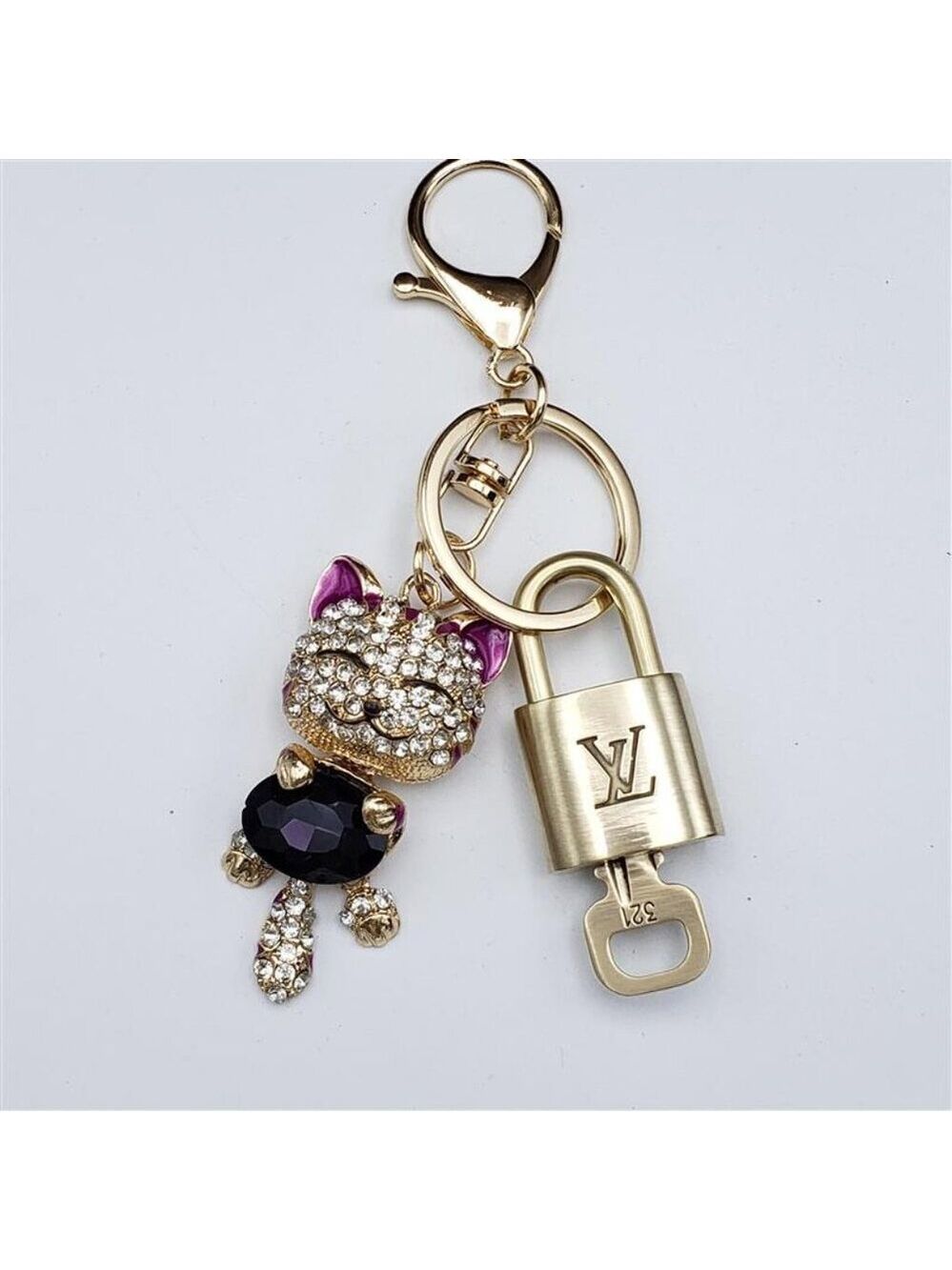 Authentic Louis Vuitton Lock & Key with Unbranded Cat Charm, Keychain